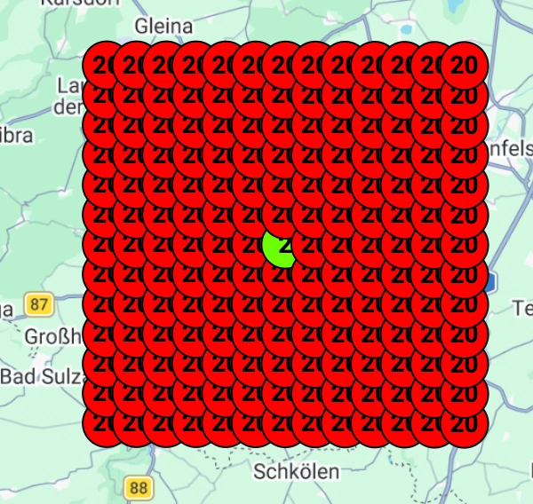 Karte mit vielen roten Markierungen – Unternehmen nicht in den Top 3 bei Google Maps