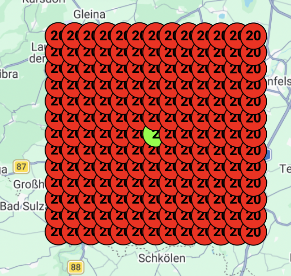 Karte mit vielen roten Markierungen – Unternehmen nicht in den Top 3 bei Google Maps
